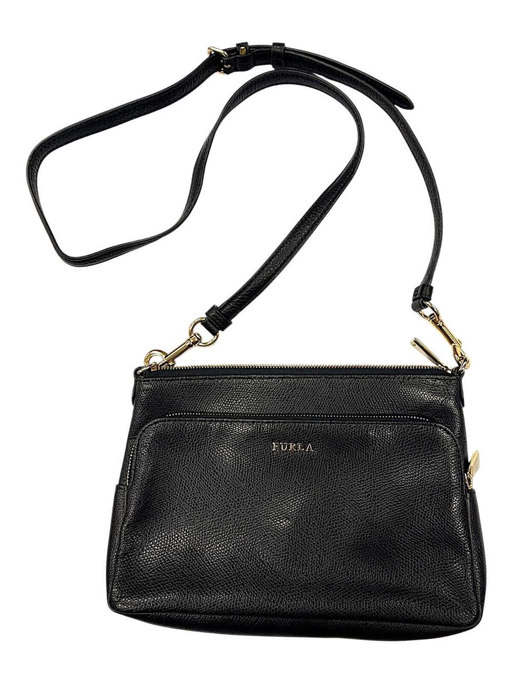 Furla Black Pebbled Leather Zip Crossbody Bag with Gold-Tone Hardware